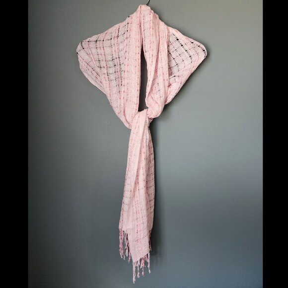 Lightweight Long Open Weave White & Pink Scarf - Picture 1 of 11